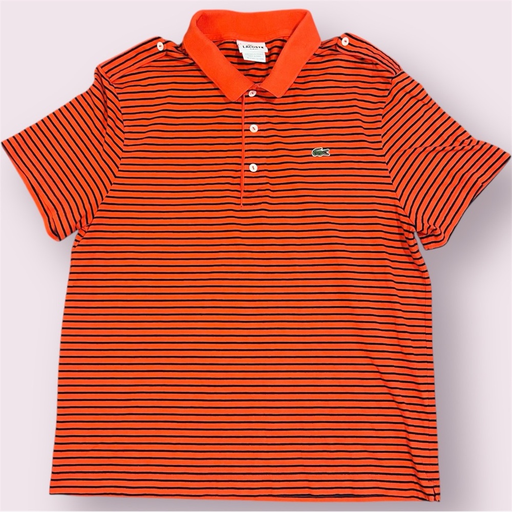 Lacoste Polo Shirt w/ Epaulettes Men’s Size 6 / XL Orange w/ Blue Stripes